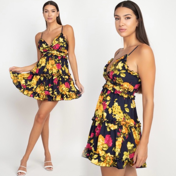 Dresses & Skirts - Floral Navy and Yellow Dress